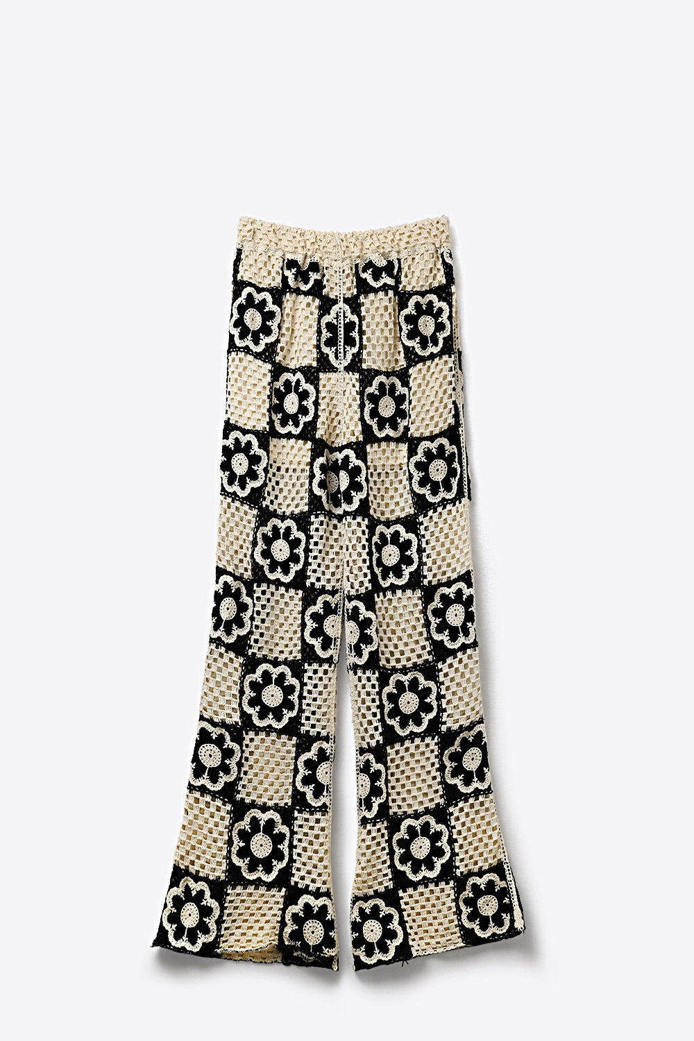 Calças de Perna Larga em Patchwork de Croché, Preto e Creme, Motivo Floral