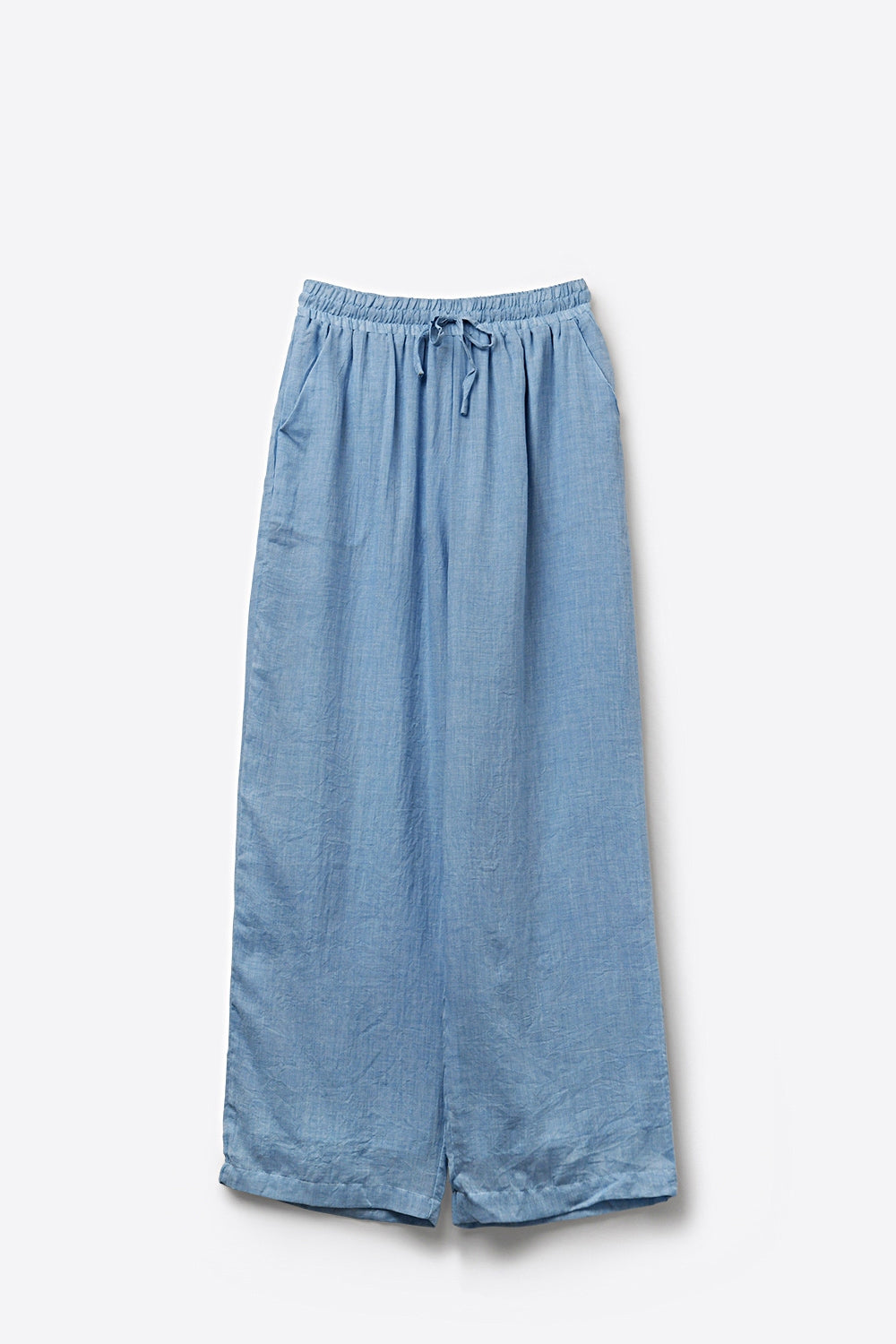 Calças de Linho de Perna Larga, Azul-Claro, com Cintura Elástica