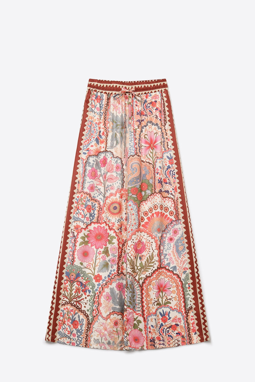 Calças Pantalona em Tecido Leve, Padrão Floral Multicolor, Cintura Larga