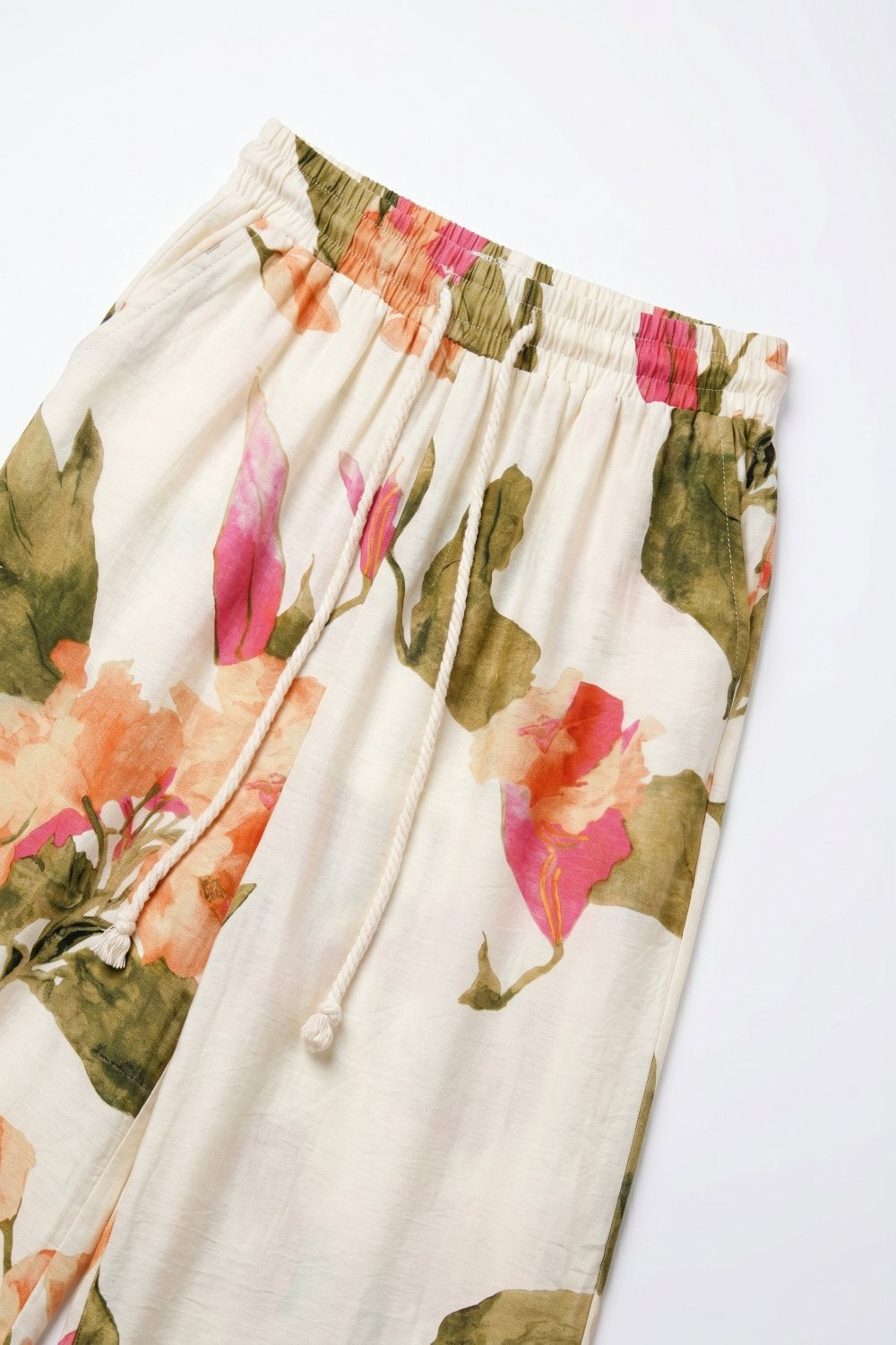 Calças de Perna Larga com Padrão Floral Creme e Cintura Elástica