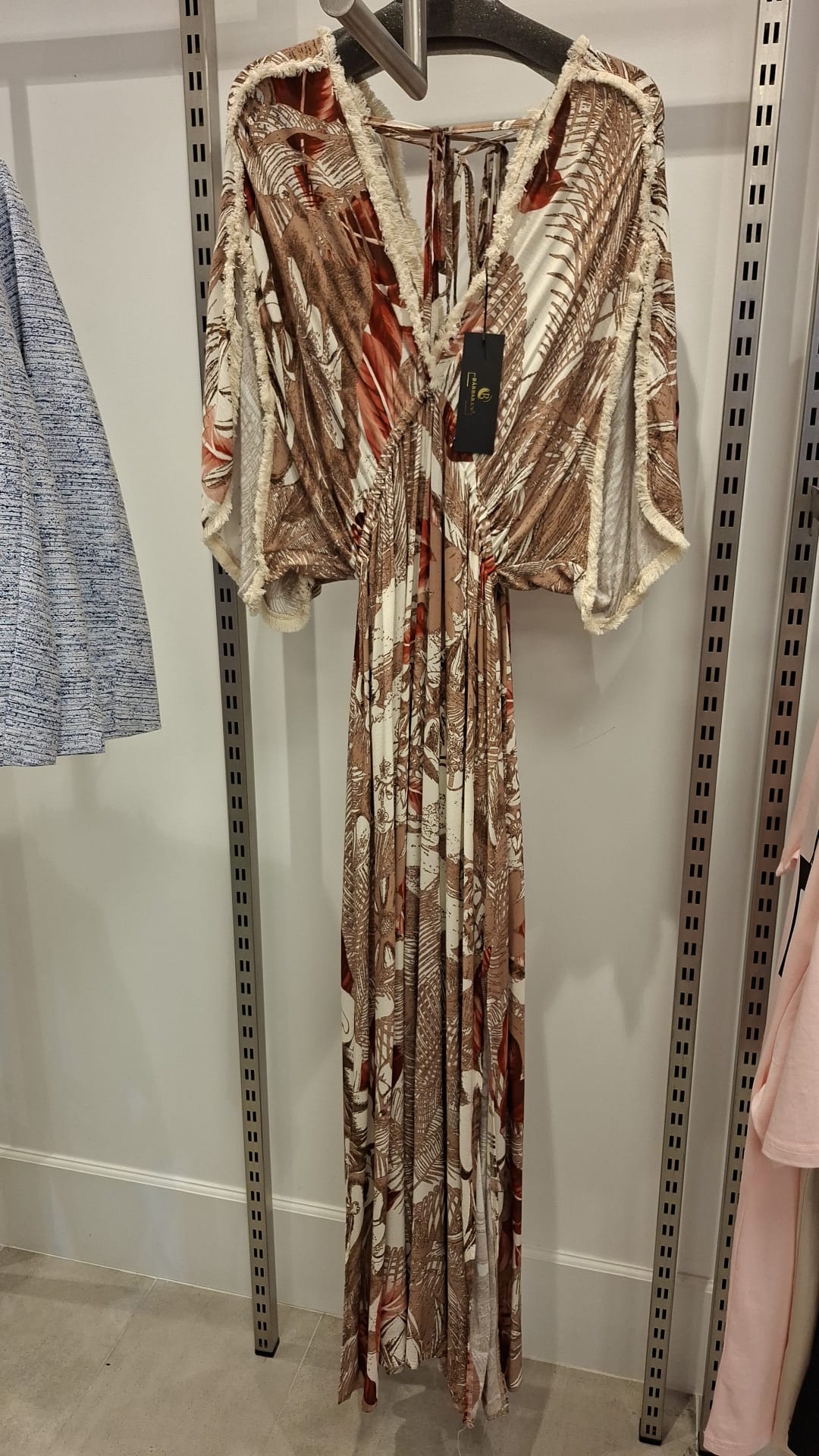 Vestido Longo Tropical Castanho com Franjas