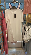 Vestido Branco Malha com Folho Rosa